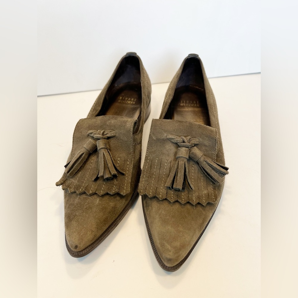 Stuart Weitzman Gray Green Suede Loafers with tassels